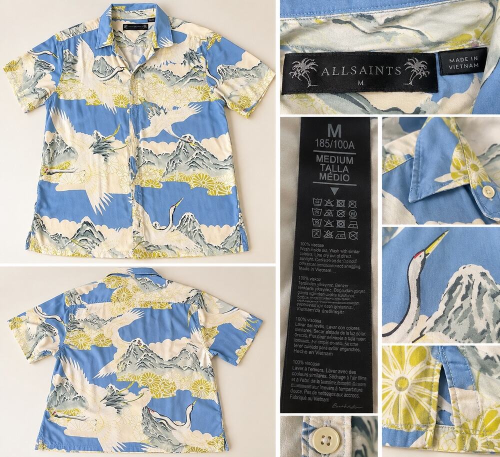 AllSaints Men’s Crane Japanese Print Blue Hawaiian Shirt 100% Viscose M